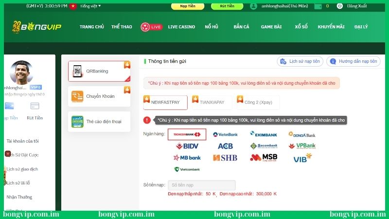 Hướng dẫn nạp tiền Bongvip qua QR Banking
